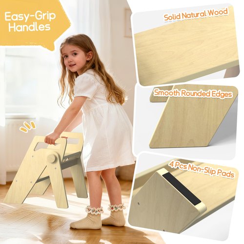HOMEKOL Toddler Kids Step Stool: Wooden 2 Step Stool for Bathroom Sink Kitchen, Foldable with Side Handles, 300 lbs Capacity, Non-Slip A-Frame, Natural Wood Color