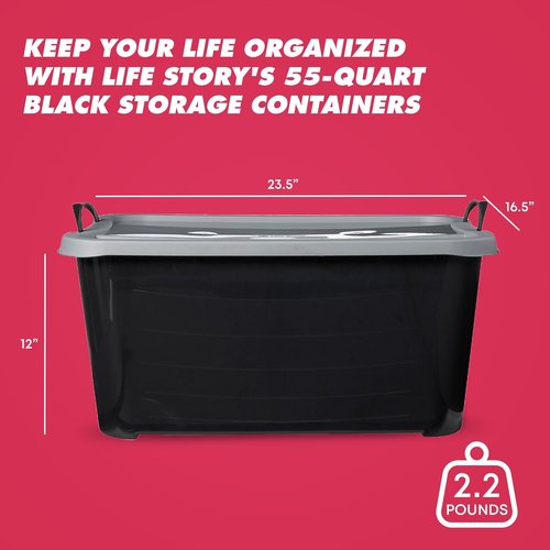 Life Story 55 Quart Heavy Duty Stackable Storage Bins - Versatile Lightweight Organizers | Black/Gray