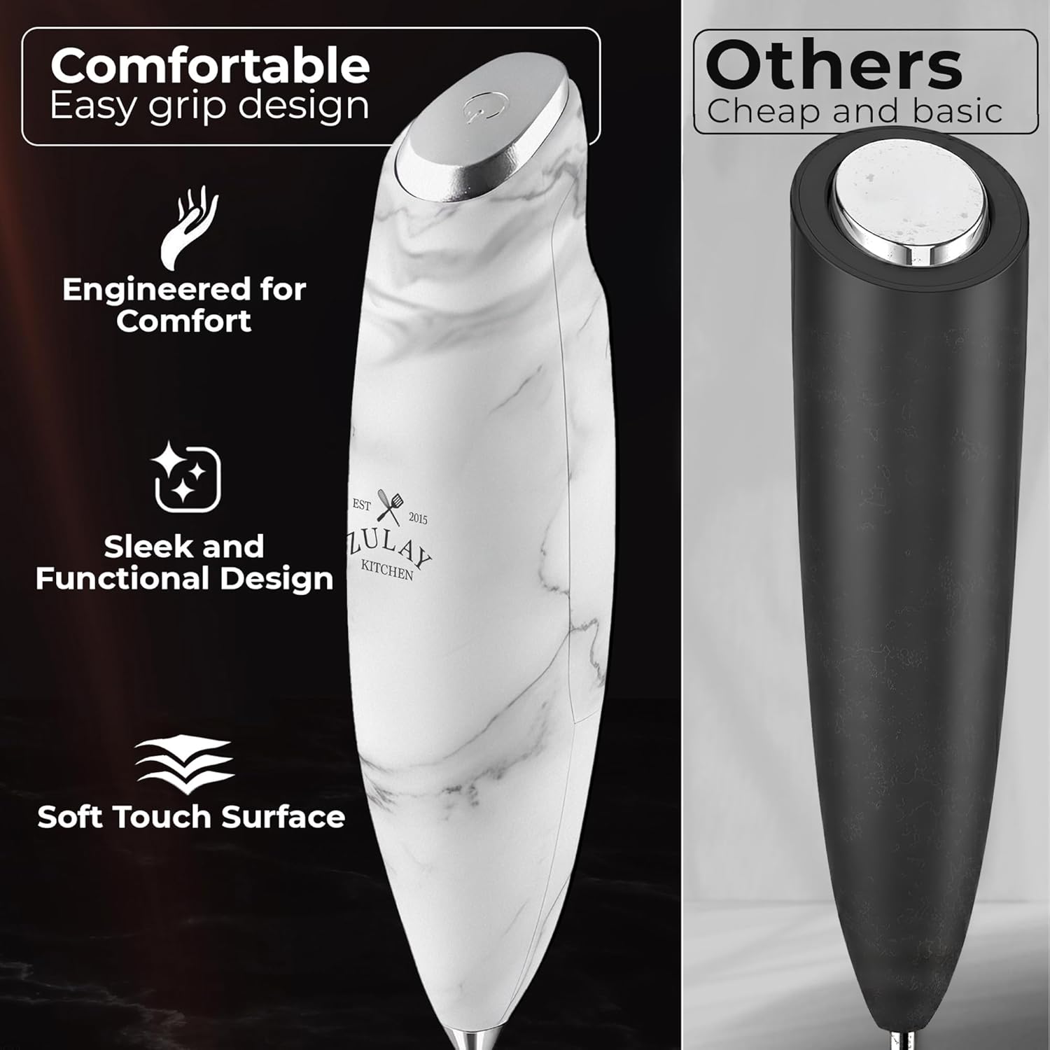 Zulay Kitchen Patented Tornado Triple Whisk Milk Frother with 4 Duracell Batteries – Handheld Foam Maker for Coffee, Lattes, Matcha & Hot Chocolate – Rich, Creamy Froth in Seconds
