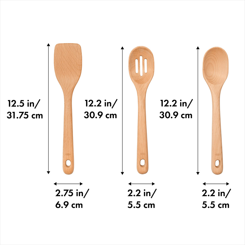 OXO Good Grips 3‑Piece Wooden Utensil Set, Solid Beachwood Spoon, Slotted Spoon and Turner
