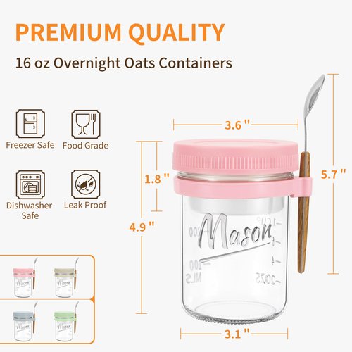 Xyptorix 4 Pack Overnight Oats Containers with Lids and Spoons, 16 oz Mason Jars with Removable Separate Compartments, Airtight and Leak-Proof Glass Jars for Chia Pudding, Yogurt, and Oatmeal