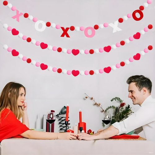 Valentines Day Decorations, 3 PCS Felt Garland with XOXO and Red Heart Shape Garland for Valentine Party, Wedding, Anniversary, Valentines Day Banner for Mantle Fireplace Walls Room Decor
