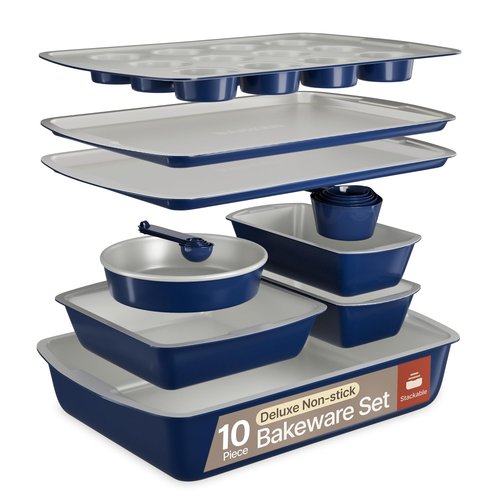 Royal Blue 10-Piece Bakeware Sets, Nonstick Carbon Steel Baking Sheet & Pans, Stackable Space-Saving Bakeware, Dishwasher Safe, Stain-resistant, PFOAPFOSPTFE Free, Oven Safe Up To 450°F (230°C)