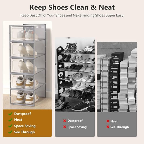 Kuject Large Shoe Storage Box - Stackable Crystal Clear Organizer | Space-Saving 12-Pack Grey