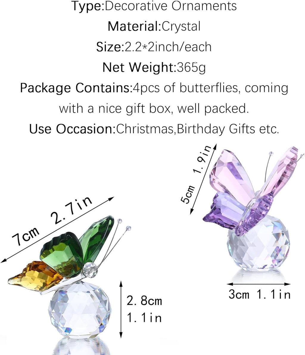 Skiennix Crystal Butterfly Figurines - Pack of 4 Decorative Glass Butterflies | Perfect Christmas Gifts for Women (2.2 x 2 Inches)