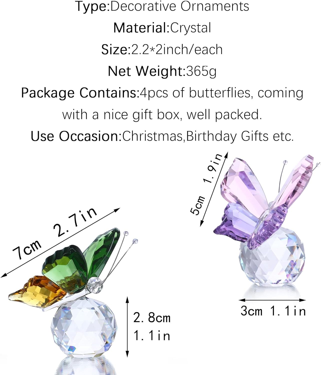 Skiennix Crystal Butterfly Figurines - Pack of 4 Decorative Glass Butterflies | Perfect Christmas Gifts for Women (2.2 x 2 Inches)