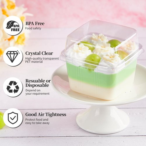 Kucoele 100 Pack 8 oz Plastic Dessert Cups with Lids and Sporks, Clear Square Cake Cups Parfait Containers for Pudding Fruit Mousse Yogurt and Shortcake