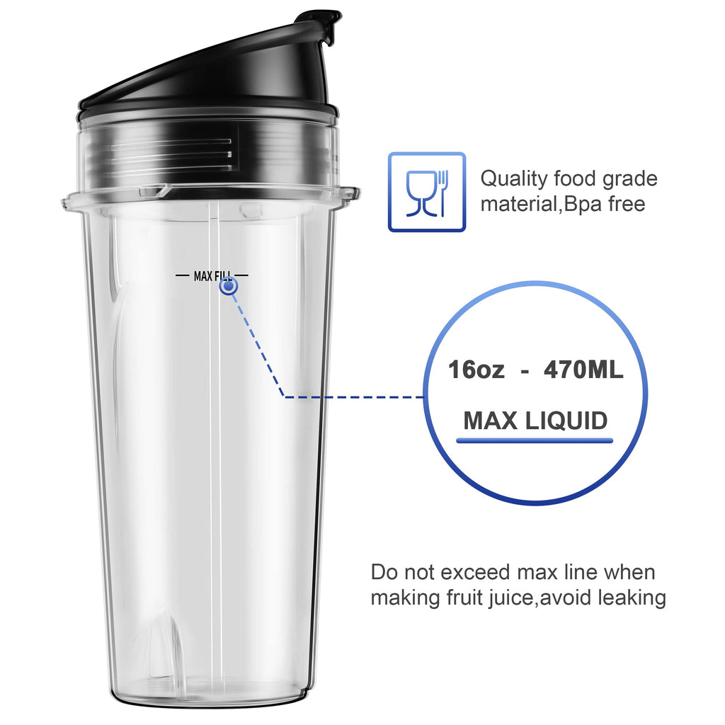 2-pack Blender Replacement Parts Single Serve 16oz cups with Sip & Seal Lids Compatible with Ninja Blenders