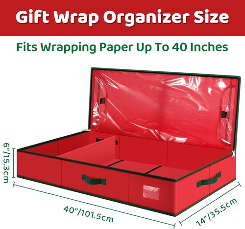 Fabspace Christmas Wrapping Paper Storage Containers - 40 Inch Gift Wrap Organizer with Visible Pockets | Red