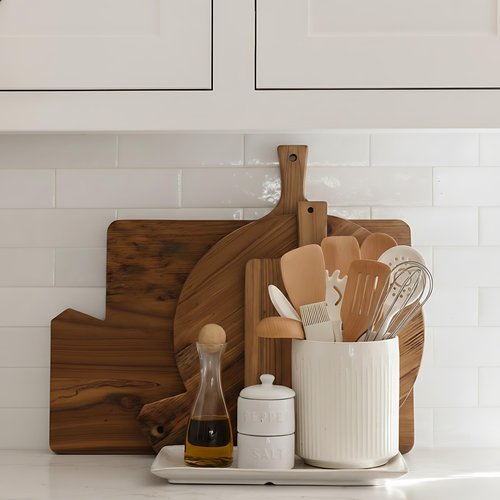 JIEMEI HOME Kitchen Utensil Holder, 7.2" Large Ceramic Stable Utensil Crock for Countertop, Utensil Organizer with Cork Mat, Removable Bamboo Divider for Easy, Kitchen Decor, Speckled White