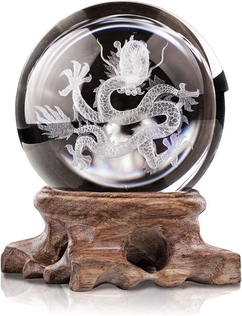 HDCRYSTALGIFTS 3D Inner Carved Dragon Crystal Ball - 60mm Glass Paperweight with Wooden Base