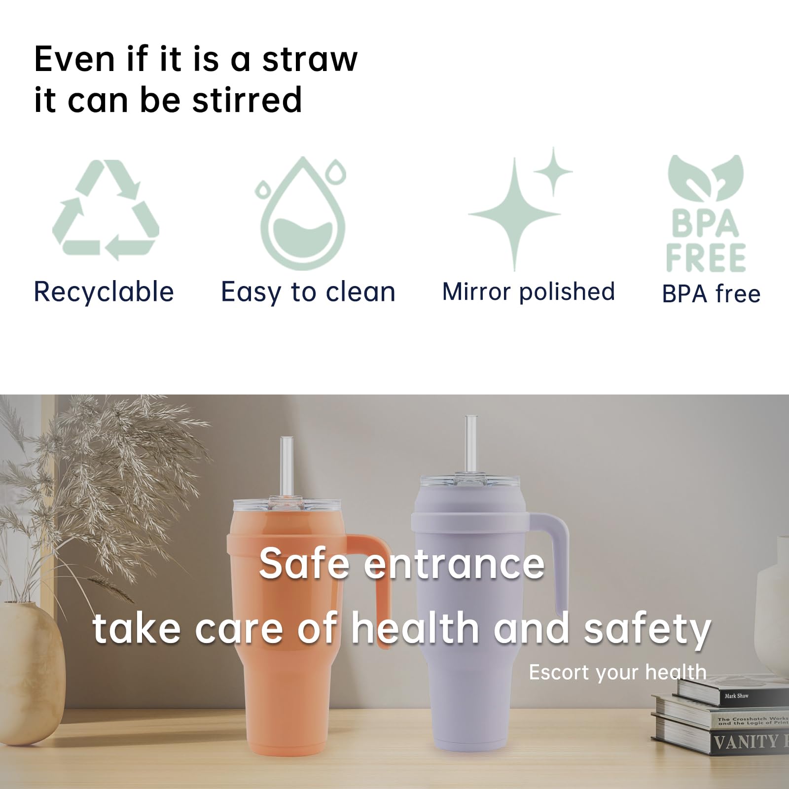 Replacement Straw Compatible with Reduce 50 oz 40 oz Tumbler, 5 Pack Reusable Straw with Cleaning Brush, Plastic, Clear
