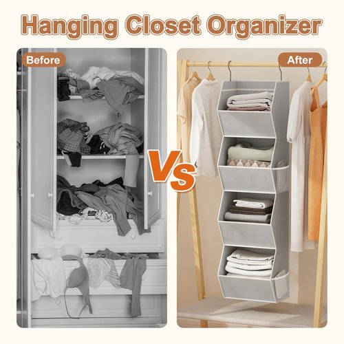 Hanging Closet Organizer 4 Shelf Collapsible Bedroom Closet Organizers and Storage Hanging with Mesh Pockets for Clothes, Fabric Hanging Storage Bins for Wardrobe Closet Organization and Storage, Grey