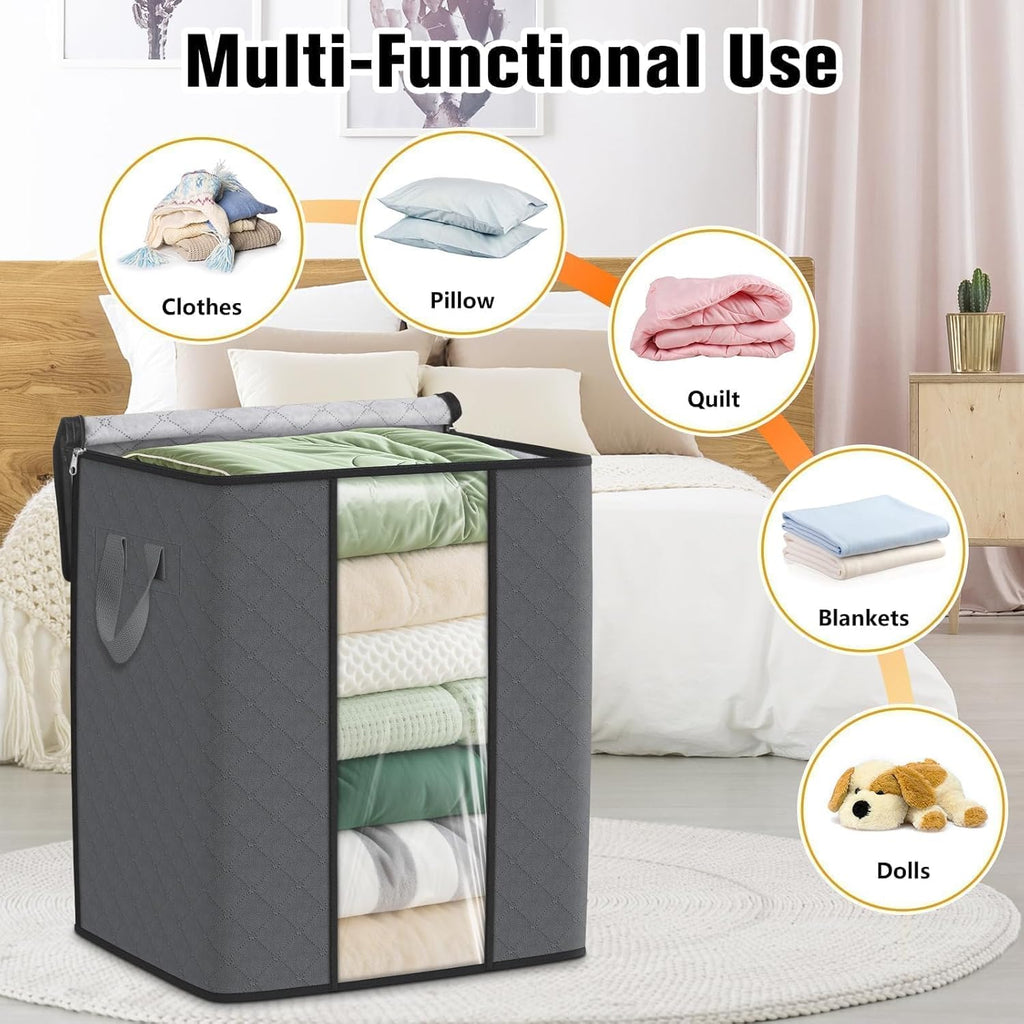 SpaceTrove Clothes Storage Bags - 80L Large Capacity Organizers with Visual Window | 6-Pack Grey Bedding Containers
