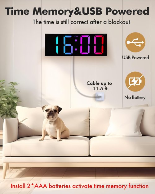 Alampan 12" Large Digital Wall Clock with Remote Control, USB Powered, Corded RGB LED Clock with Full Screen Display, Big Numbers, for Classroom, Living Room, Elderly, Wall Mounted, DST, KSJ-01, Black