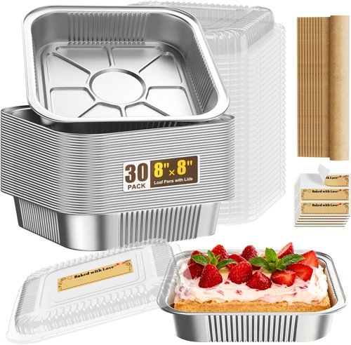 Gyreuni 30 Pack Disposable Aluminum Foil Loaf Pans with Lids & Parchment Paper | 8" x 8" Baking Tins
