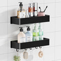 Wisfame Shower Caddy - No Drill Rustproof Aluminum Bathroom Shelf | 2 Pack Large Capacity with 5 Hooks - Black