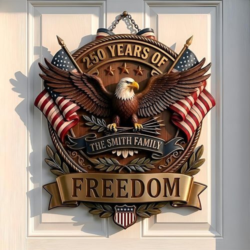 Custom USA Wooden Door Wreath Sign - Personalized Family Name Patriotic Decor for 250th Anniversary 1776–2026