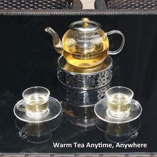 Tea Warmer Petals Silhouette, JUKFITA Silver Brushed Stainless Steel Teapot Warmer, Includes 1 Tealight Holder