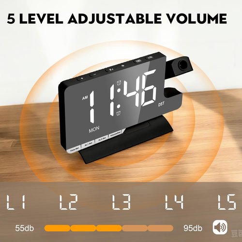 SZELAM Digital Clock,Alarm Clock Bedside with Projection,7.3" Mirror Clock with 180°Rotating Projector,Dual Alarm with 3 Mode,Brightnee Adjust,DST,Snooze,Charging Port,5 Levels Volume for Desk Teens