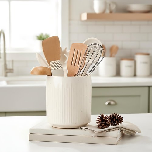 JIEMEI HOME Kitchen Utensil Holder, 7.2" Large Ceramic Stable Utensil Crock for Countertop, Utensil Organizer with Cork Mat, Removable Bamboo Divider for Easy, Kitchen Decor, Speckled White