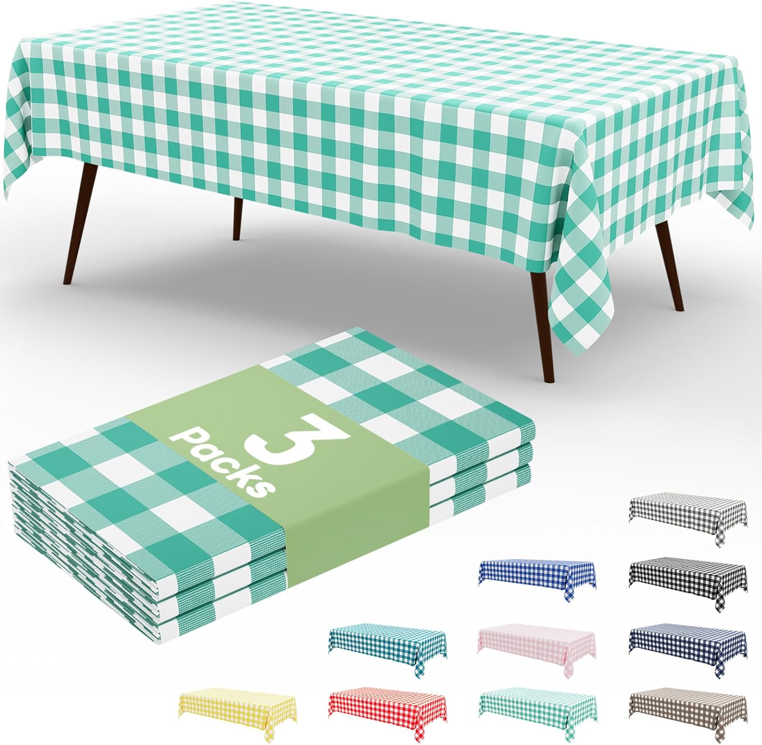 Smiry Disposable Tablecloths - 3 Pack Teal Gingham, Heavy Duty Waterproof 54" x 108" Covers for Parties
