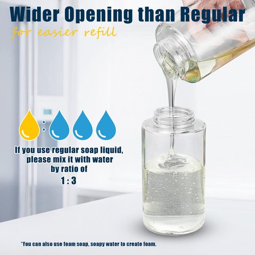 Doiliese Glass Foaming Hand Soap Dispenser, 10 oz Easy Refill Glass Soap Dispenser, Foam Dispenser with Stainless Steel Pump & Waterproof Labels, Clear Foam Soap Bottle for Bathroom Countertop