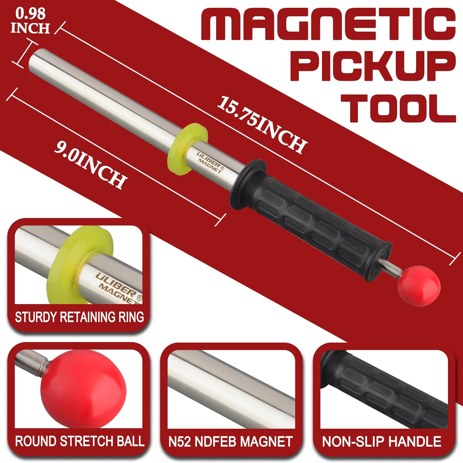 ULIBERMAGNET Magnetic Pickup Tool - 8000 Gauss Neodymium Retrieval Rod with Release Handle | Heavy-Duty Metal Sweeper for Nails, Screws, and Iron Scraps