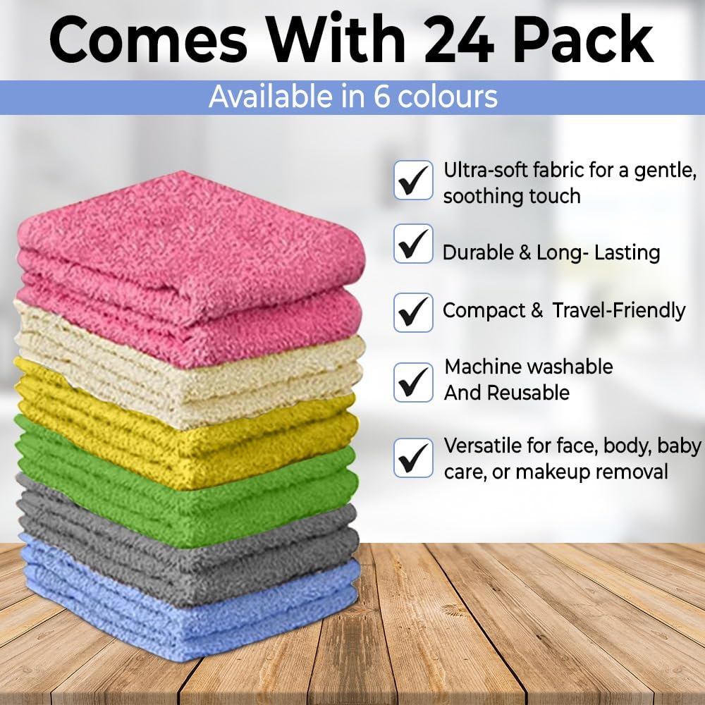 QUBA LINEN 100% Cotton Washcloth Set – Soft, Absorbent Face Towels for Bathroom & Gym Use – Durable & Reusable Wash Cloths - Butterfly (Multi-Color), 12 x 12 Inches, Pack of 24