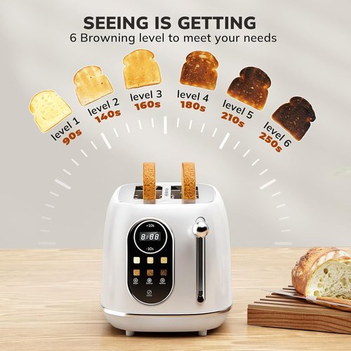 Keenstone 2-Slice Smart Touch Screen Toaster - Retro Stainless Steel with 6 Browning Levels | White