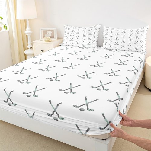 Feelyou Ice Puck Sports Game Sheets Set for Kids - Ice Hockey Bedding Set with Deep Pocket Fitted Sheet - Queen 4Pcs
