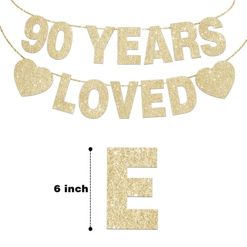 90 Years Loved Banner for 90th Birthday Decorations for Men Women Pre-Strung 90th Birthday Banner 90th Party Decorations Gold Glitter