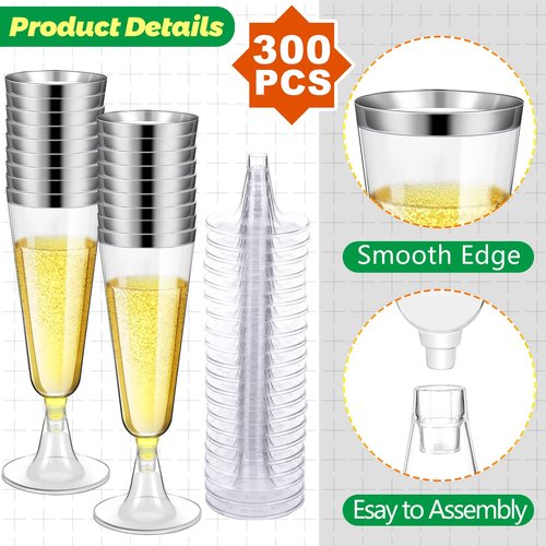 Gerrii 300 Pcs Plastic Champagne Flutes Bulk, 4.5 oz Clear Disposable Champagne Flutes, Rimmed Toasting Glasses for Wedding Birthday Anniversary Celebration Party Wine(Silver Rim)