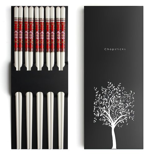 IQCWOOD Chopsticks Reusable, 5 Pairs Bone China Ceramic Chopsticks, Dishwasher Safe, Classic Chinese Style Chop Sticks Gift Sets, 9.5 Inch/24cm