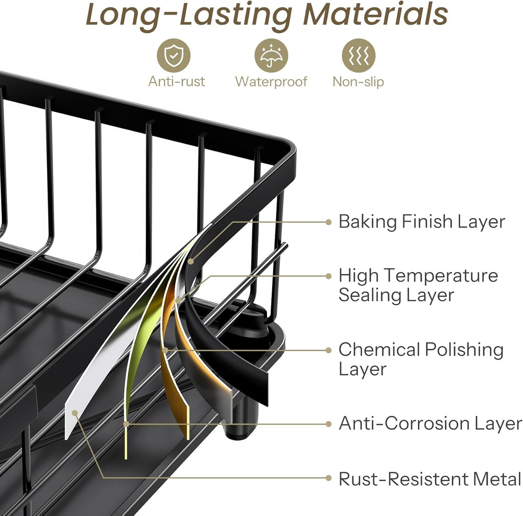 SNTD Dish Drying Rack - Space-Saving Stainless Steel Kitchen Dish Drainer with Utensil Holder | 11" W x 15" L (Black)