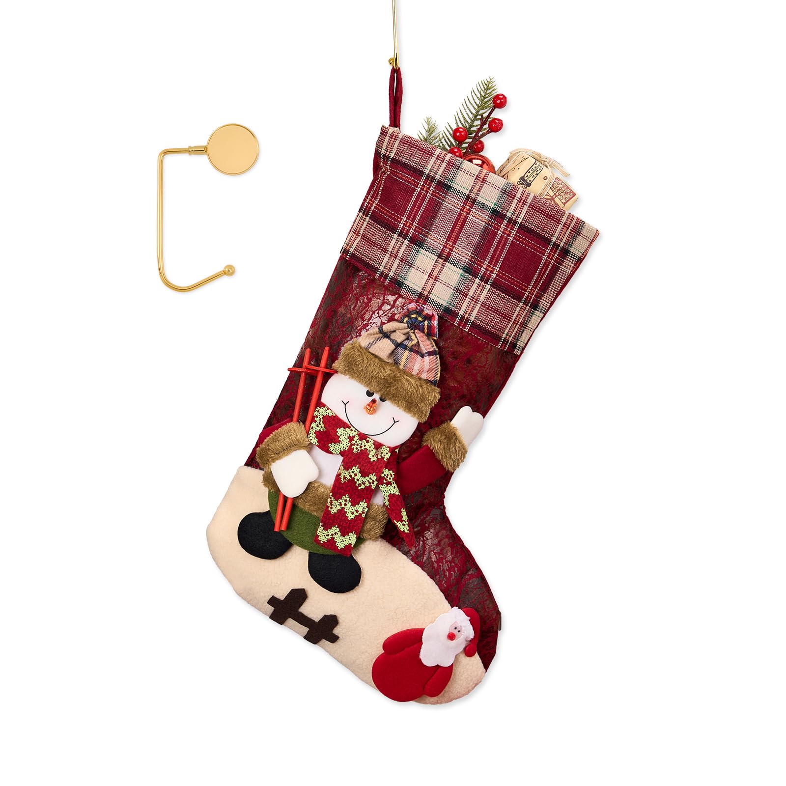 1 Pack Jumbo 3D Christmas Stockings with Golden Hooks, Extra Large 18'' Xmas Socks for Fireplace Mantel Decor, Holiday Hanging Stockings Set for Gifts (Plaid Snowman)