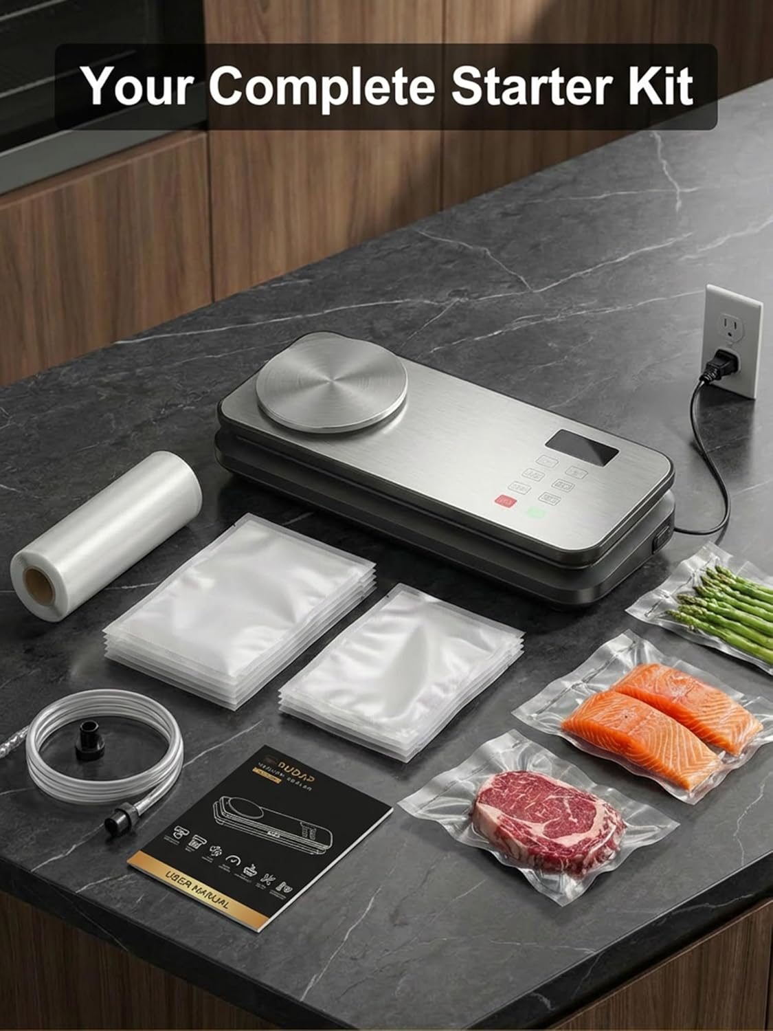 Skiennix Vacuum Sealer - 90kPA Powerful Food Saver with Digital Kitchen Scale & 12-in-1 Modes | Includes 10 Bags & 1 Roll