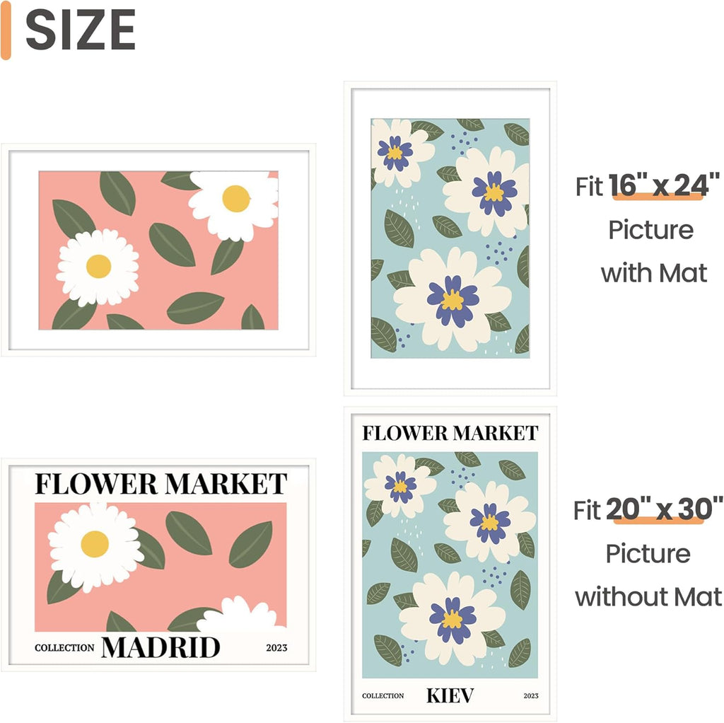 Upsimples 20x30 Poster Frame - Versatile Display for 16x24 or 20x30 Pictures | White, 1 Pack