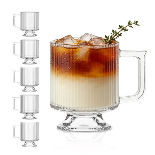 INSETLAN 6-Piece Ribbed Glass Coffee Mug Set, 10 oz Clear Glass Tea Cups with Handle, Modern Vertical Stripe Design for Everyday Drinks – Perfect for Coffee, Tea, Latte, Cappuccino, and More