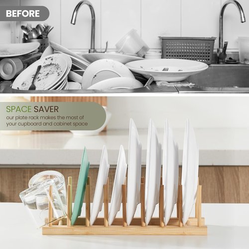 NOVAYEAH 2 Pack Bamboo Wooden Dish Rack-Plate Pot Lid Cutting Board Organizer Holder Rack for Cabinet-Kitchen Cabinet Organizer for Dish, Pots, Lids, Bowls, Bottles, Books, and Puzzle