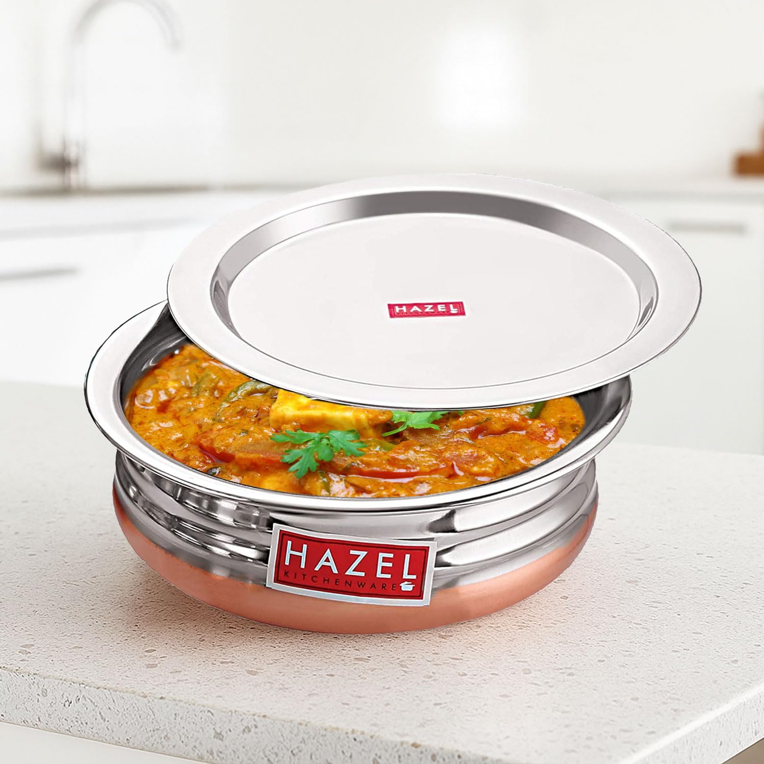 HAZEL Stainless Steel Copper Bottom Pot Handi with Lid | Urli Vessel Cooking Stainless Steel | Serving Tope Handi | Serveware set of 5 (600 ml, 900 ml, 1200 ml, 1500 ml, 1800 ml) | 3 Months Warrenty