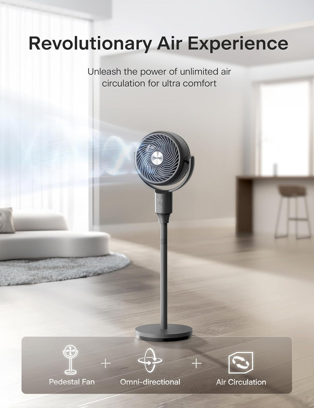 Pelonis Pedestal Fan - Ultra OmniFlow Air Circulator with 135°+90° Oscillation, Quiet Operation & Remote Control