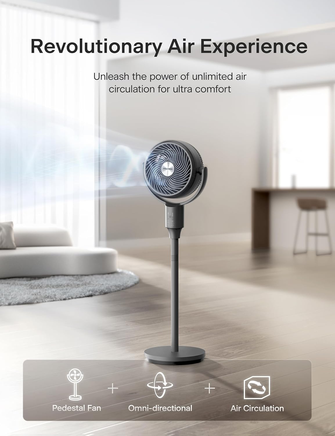 Pelonis Pedestal Fan - Ultra OmniFlow Air Circulator with 135°+90° Oscillation, Quiet Operation & Remote Control