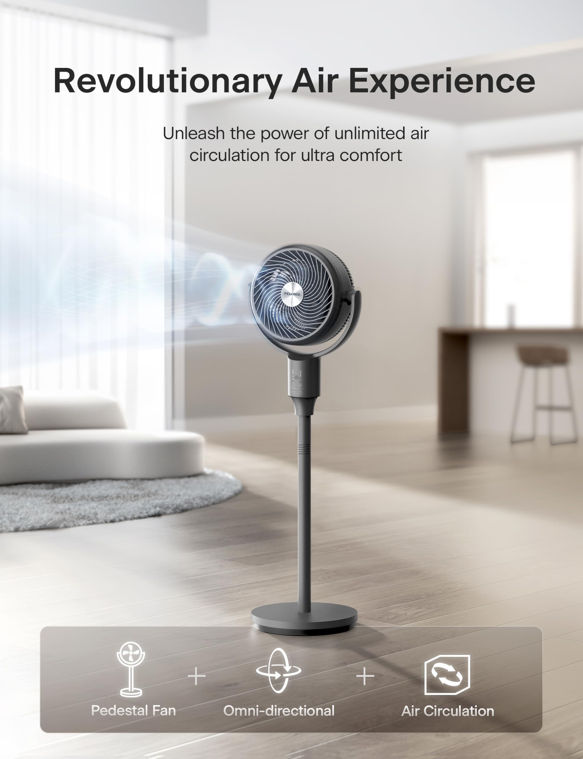 PELONIS Pedestal Fan, Air Circulator, Ultra OmniFlow (135°+90°Auto Oscillation), Quiet Floor Fan with 3 Speeds, Remote, 7H Timer, Memory Function, Adjustable Height, Standing Fan for Bedroom