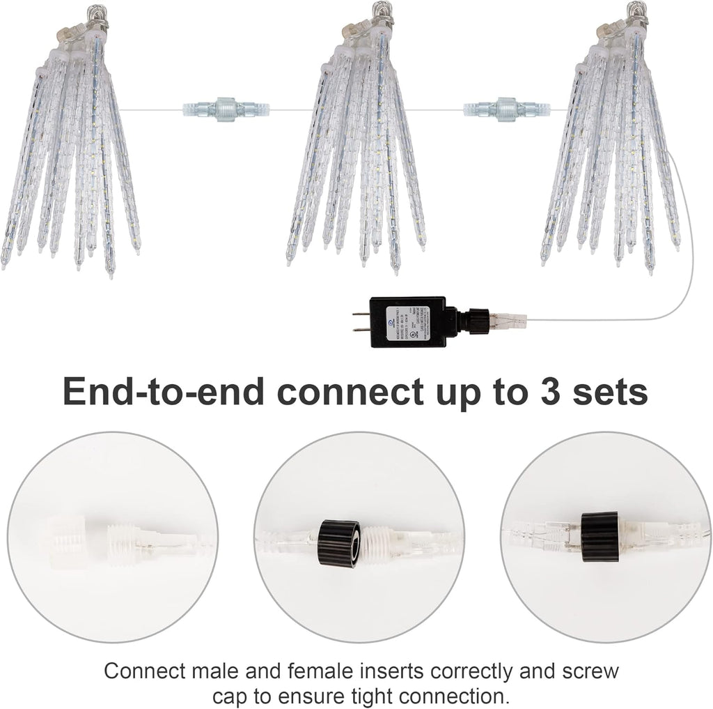 WATERGLIDE Meteor Shower Lights - 12" Outdoor Icicle Christmas Lights | 8 Icicles with 192 SMD LED, Connectable Raindrop Design, Blue Holiday Decor
