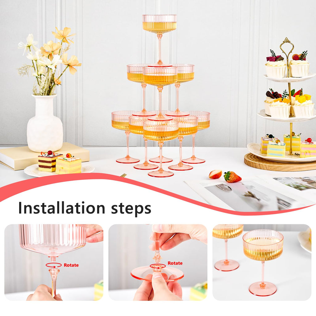 ZOMUIA Ribbed Coupe Glasses 16 Pcs, 10 oz Plastic Champagne Coupe Detachable Acrylic Cocktail Glasses Plastic Martini Glasses for Bar, Wine, Dessert, Cocktail Glassware(Pink)