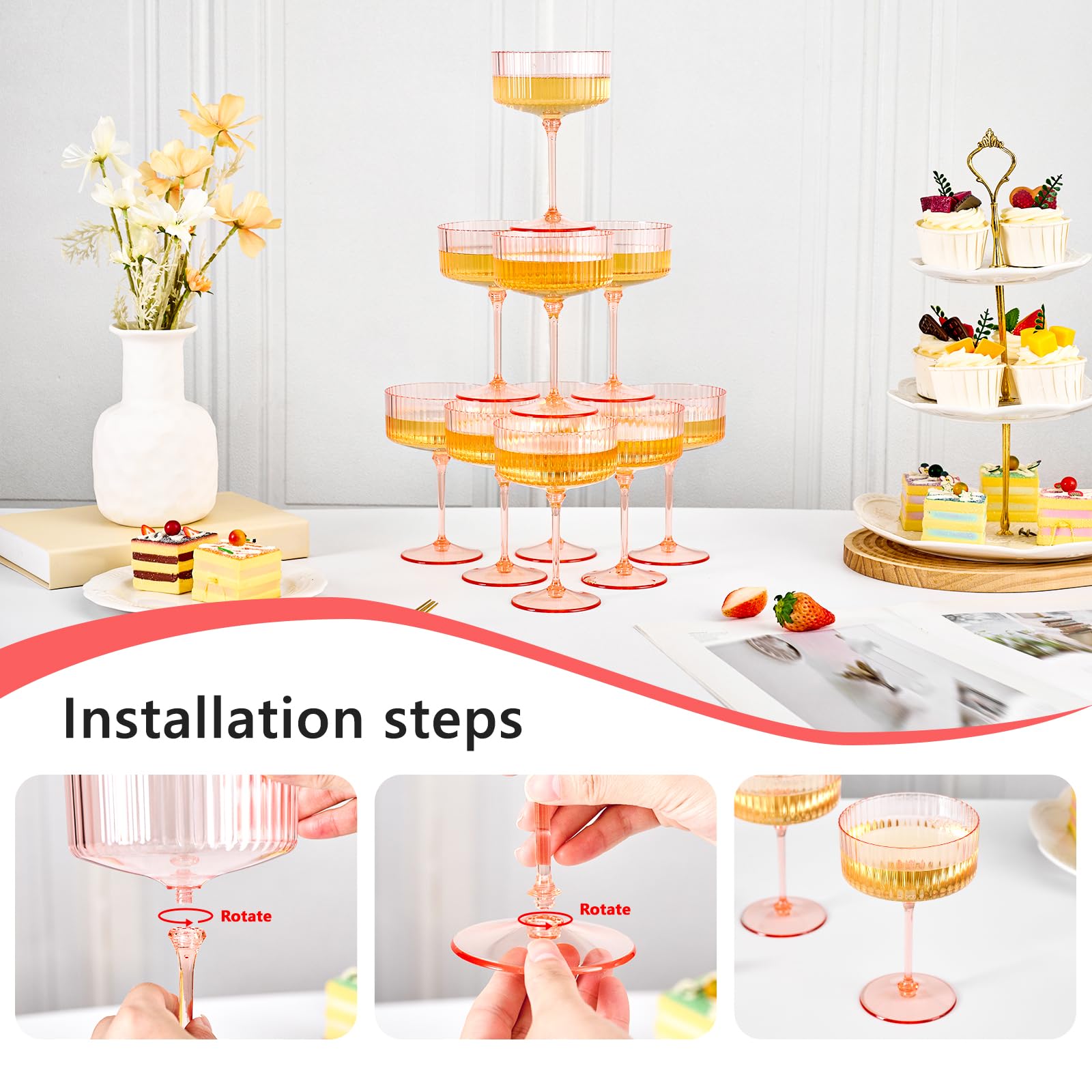 ZOMUIA Ribbed Coupe Glasses 16 Pcs, 10 oz Plastic Champagne Coupe Detachable Acrylic Cocktail Glasses Plastic Martini Glasses for Bar, Wine, Dessert, Cocktail Glassware(Pink)