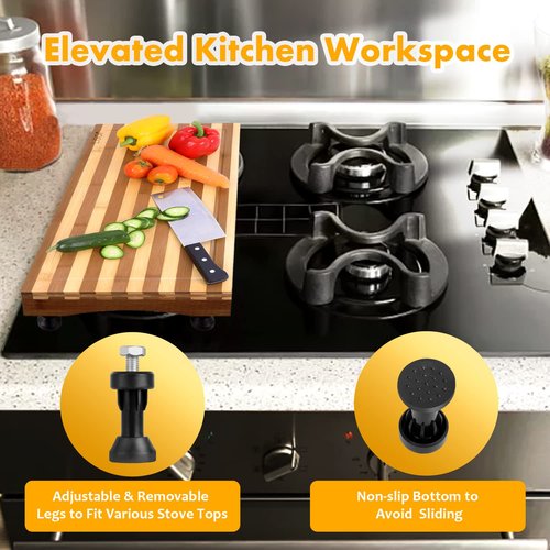 Bamboo Stovetop Cover&Countertop Cutting Board with Adjustable Legs, 21.14 x 11.42 inches Dual-purpose Chopping Board for Electric Stove Burner, Workspace Block Cover for RV Camping Camper Gas