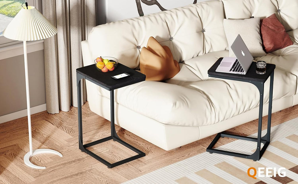 QEEIG C Table Set of 2 - Modern Black C Shaped Side Tables for Living Room & Couch