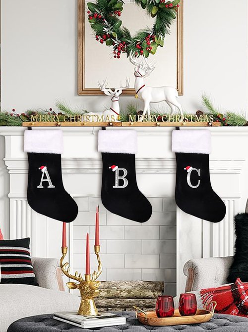 jargebur 20 Inches Initial Monogram Christmas Stocking Personalized,Deluxe Black Velvet Body with Super Soft Plush Cuff Embroidered Letter,Holiday Season Decor (Black, Letter A)